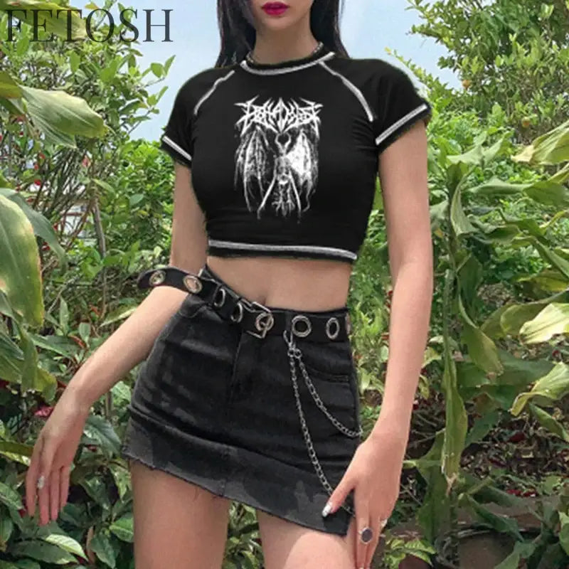 Women's T-shirt Harajuku crop Top Harajuku Retro Korean Black Demon Punk Gothic Anime Print Clothes Slim anime