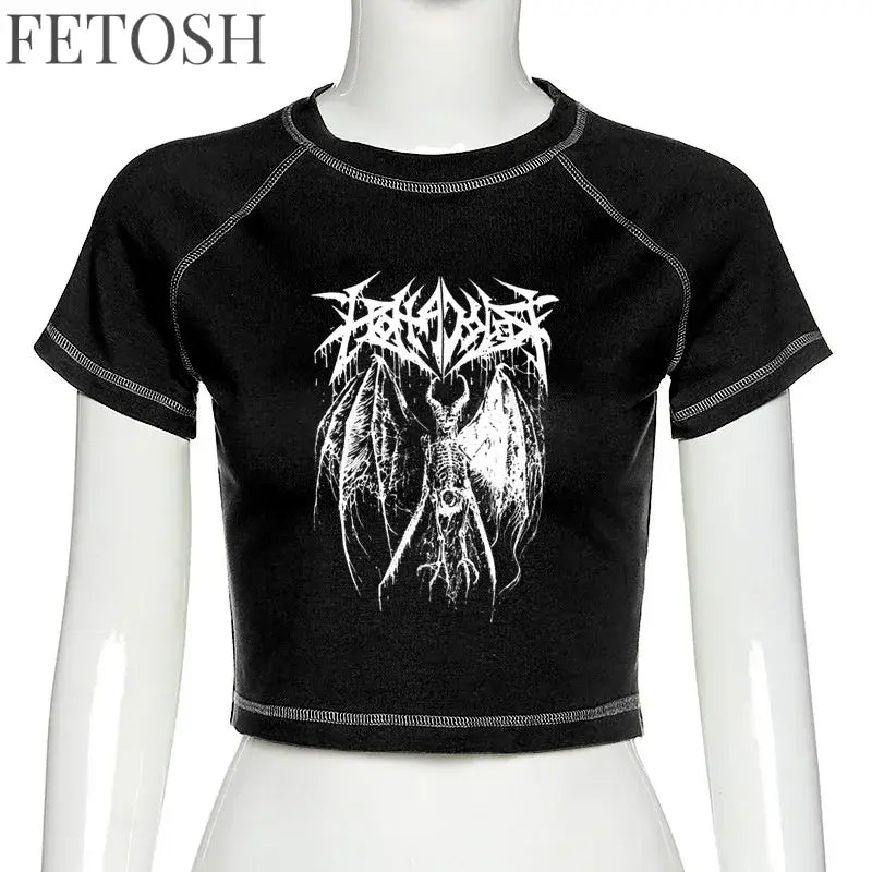 Women's T-shirt Harajuku crop Top Harajuku Retro Korean Black Demon Punk Gothic Anime Print Clothes Slim anime