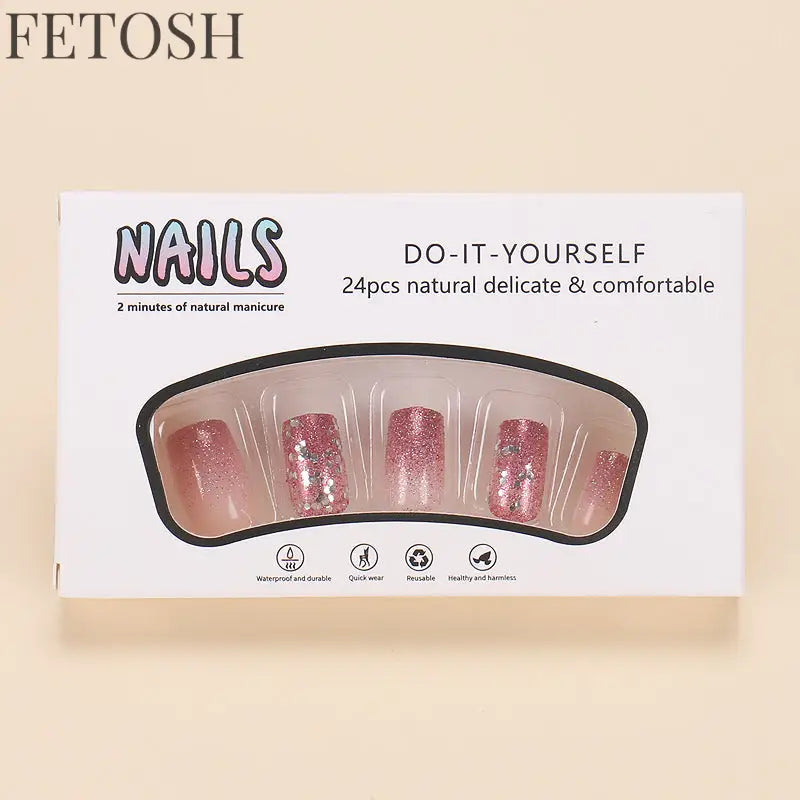 24Pcs Medium Short Square False Nails Glittering Nail Art White Wearable Fake Nail Silver French Full Cover Press on Nail Tips