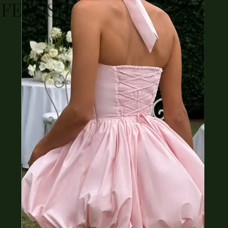Sexy Lace-up Backless Pleated Halter Mini Dress Women Fashion Off Shoulder Puff Hem A-line Dresses 2025 Summer Lady Partywear