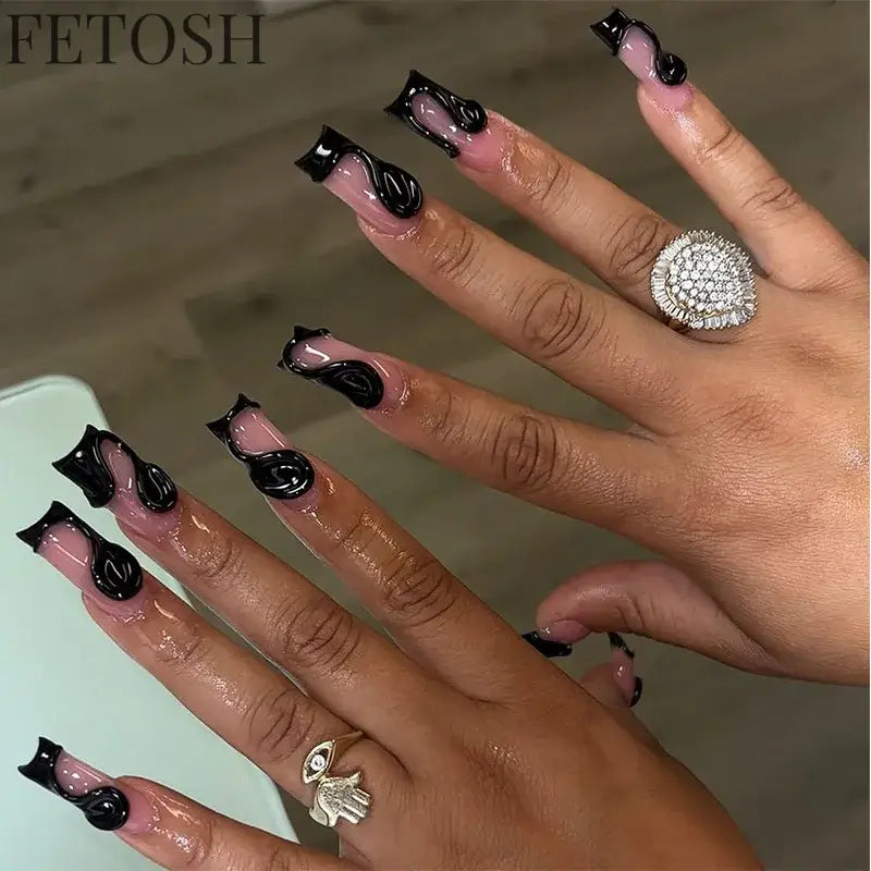 24Pcs 3D Long Ballet False Nails White Coffin Wave with French Design Wearable Fake Nails Gold Line Full Cover Press on Nails