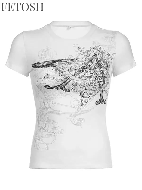 Retro Graphic Crop Top White Short Sleeve O Neck Casual T Shirt for Women y2k Aesthetic Vintage Basic Tees Ladies Clothes