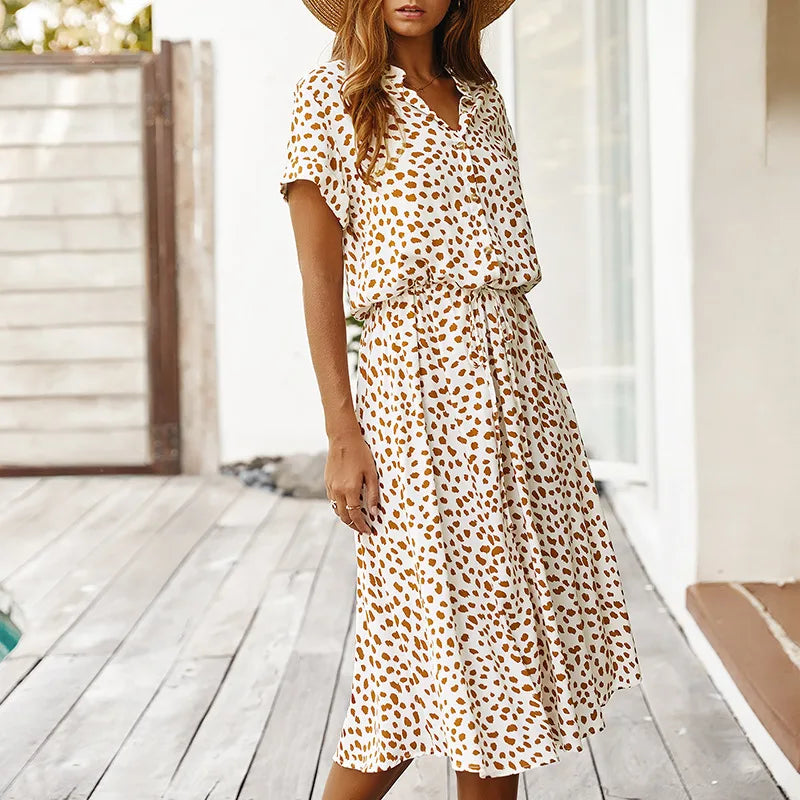 Vintage Floral Print Dress Women Boho Short Sleeve Long Dress Turn Down Collar Casual Waistband Shirt Dresses Robe 2021 Summer