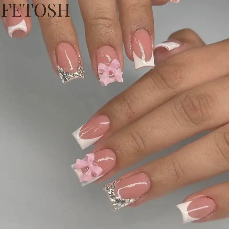 24Pcs Simple Square Head Fake Nail with Jelly Glue Pink White Gradient French Press on False Nails Short Full Cover Nail Tips