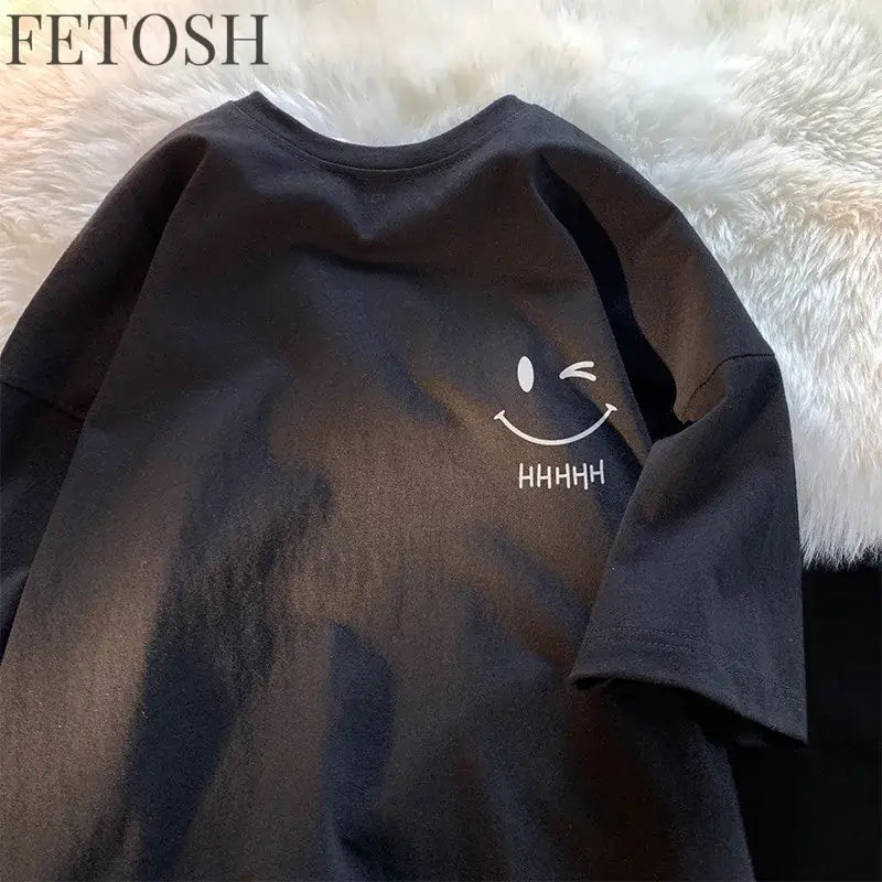 Men Women's Smiling Face Funny Fashion Couple Short Sleeved T-shirt American Basic Simple Oversized Loose Boys' Pullover Top
