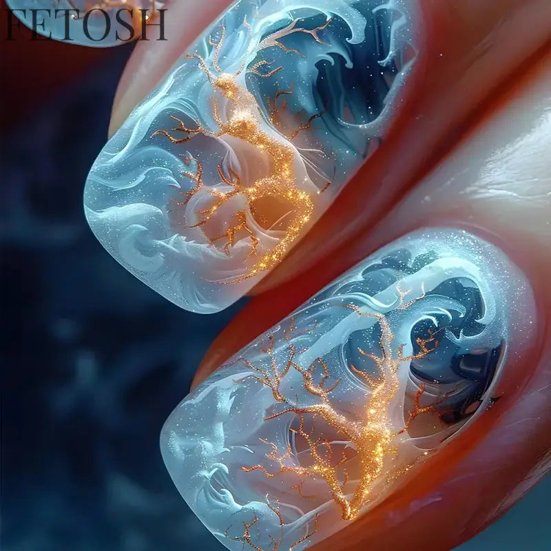 24Pcs Dark Blue Glossy Press on Nails Square False Nail with Glue Color Blending Acrylic Fake Nails Wearable Full Cover Nail Tip