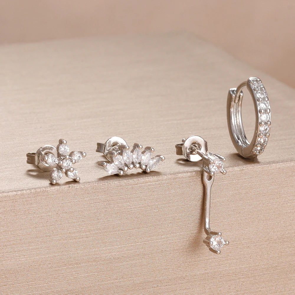 4PCS Stainless Steel Circle Huggie Hoop Earrings Set for Women Gold Color Unique Zircon Flower Stud Earring Piercing Jewelry