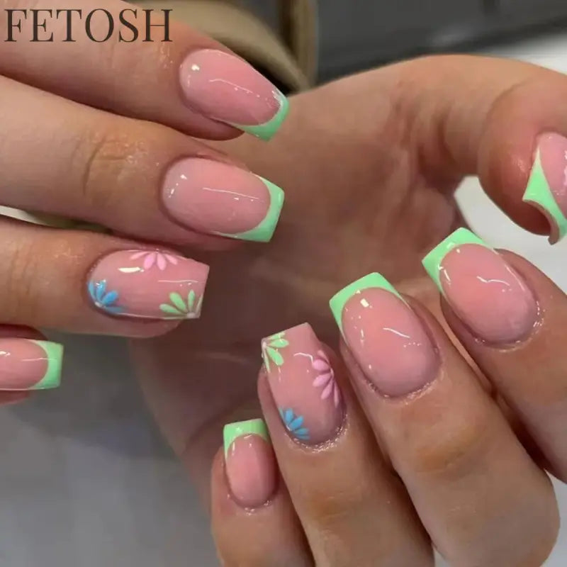 24Pcs Simple Square False Nails Short French Fake Nails Press on Colorful Flowers Design Full Cover Nail Tips Manicure Tools