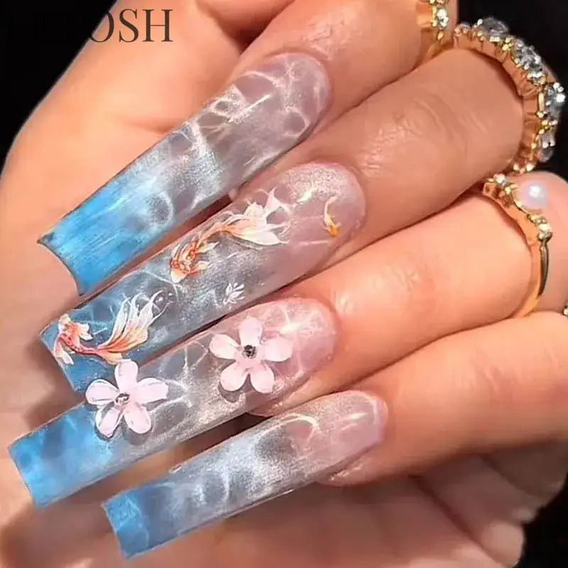24Pcs 3D Long Ballet False Nails White Coffin Wave with French Design Wearable Fake Nails Gold Line Full Cover Press on Nails