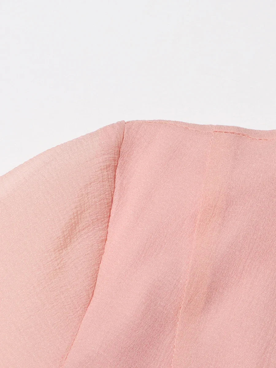 VGH Sweet Ruffles Elegant Knee Length Dresses for Women Round Neck Flare Sleeve High Waist Spliced Button A Line Dress Female
