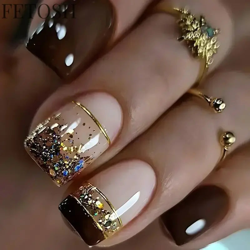 24Pcs Blue False Nails Gradient with French Design Wearable Fake Nails Gradient Short Coffin Full Cover Press on Nail Tips Art