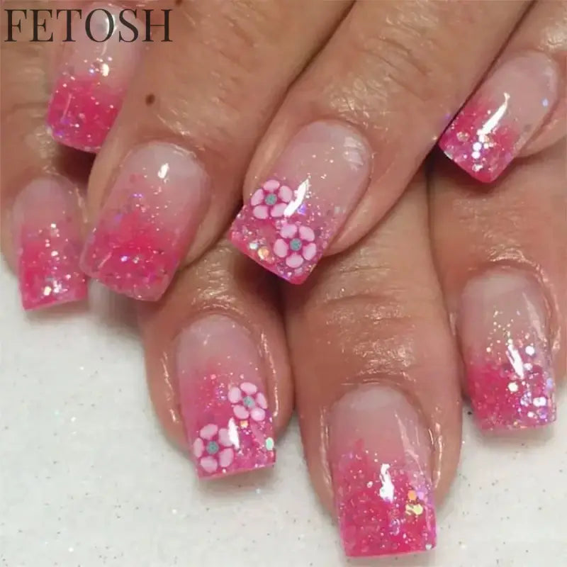 24Pcs Medium Short Square False Nails Glittering Nail Art White Wearable Fake Nail Silver French Full Cover Press on Nail Tips