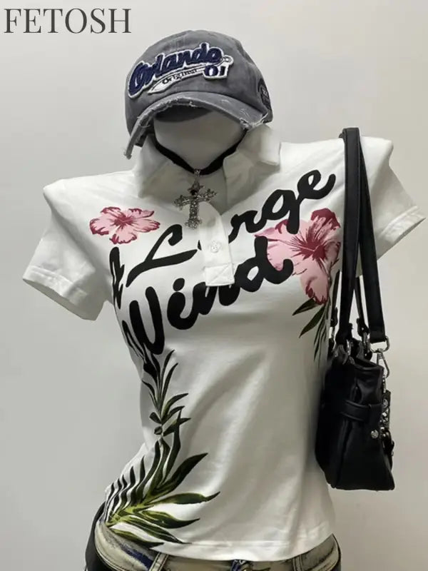 Y2K Retro Street Print T-shirt Fashion Streetwear Halter Neck Fake Two Piece Harajuku 2024 Summer Casual T-Shirt Women Clothes