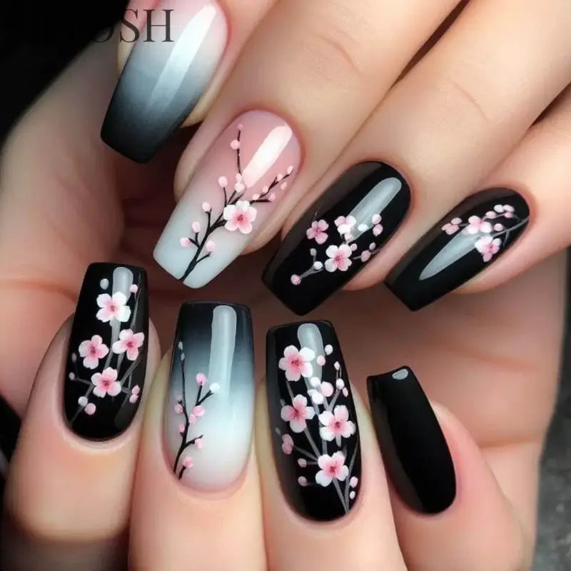 24Pcs Dark Blue Glossy Press on Nails Square False Nail with Glue Color Blending Acrylic Fake Nails Wearable Full Cover Nail Tip