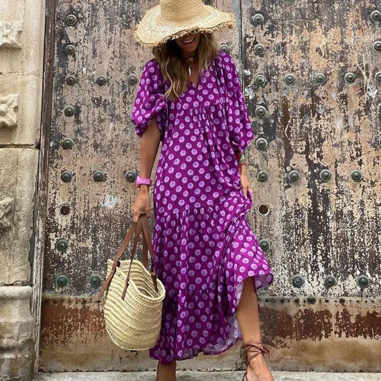Women Puff Sleeve Boho Maxi Dress Vintage Elegant Fashion Casual Print Floral V-Neck Loose Ladies Holiday Beach Party Vestidos