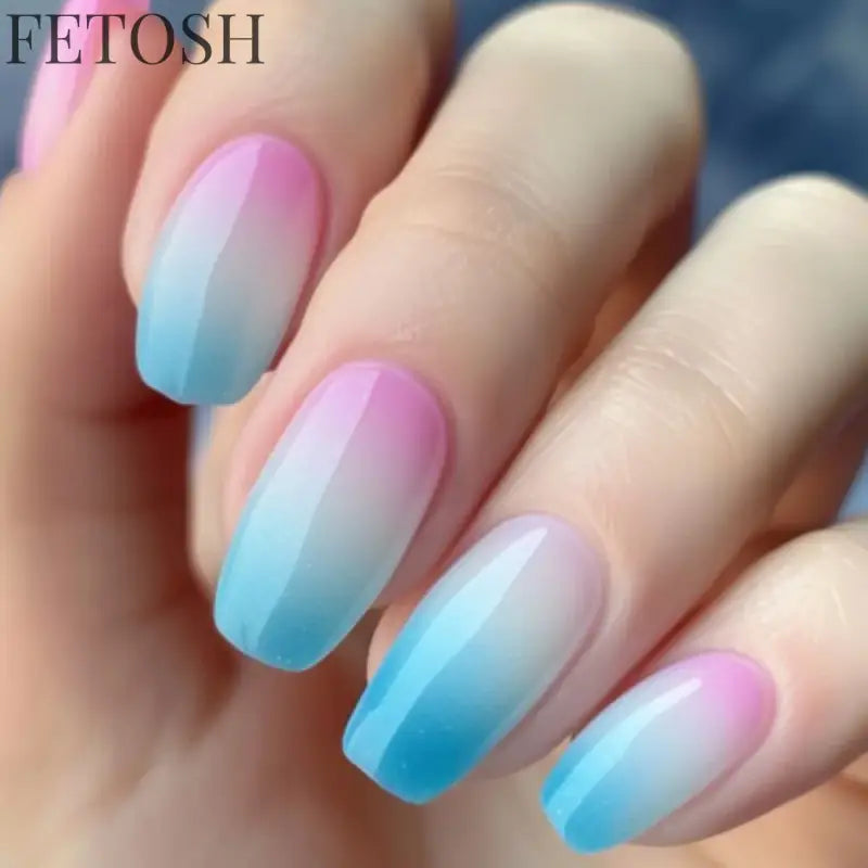 24Pcs Blue False Nails Gradient with French Design Wearable Fake Nails Gradient Short Coffin Full Cover Press on Nail Tips Art