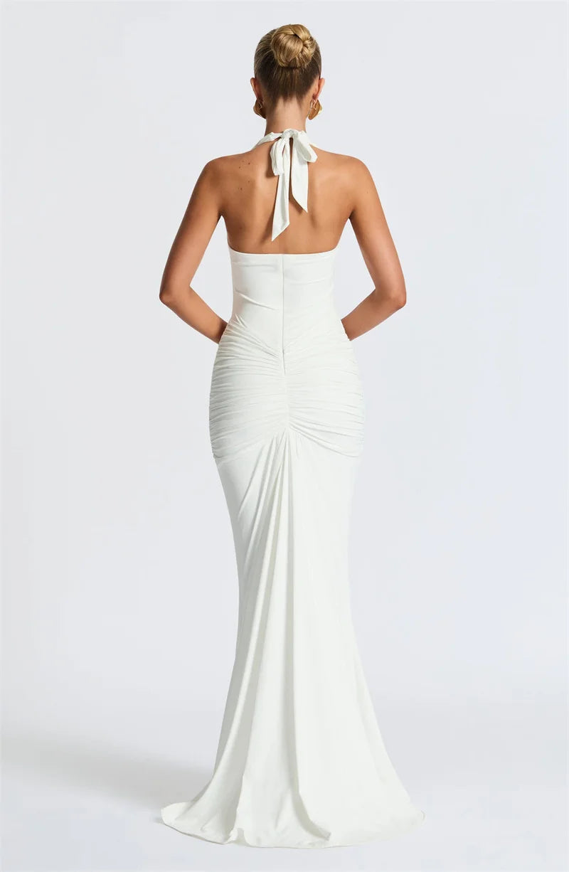 Mozision Deep V Neck Backless Ruched Sexy Maxi Dress Women Gown Summer Halter Sleeveless Draped Club Party Long Dress 2025