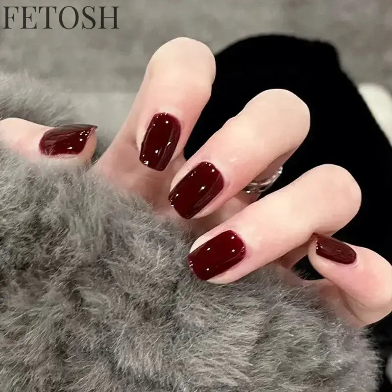 24pcs Crystal Cat Eye False Nails with Glue Short Square Press on Nails Shiny Red Jewel Nail Solid Color Fake Nails Minimalis