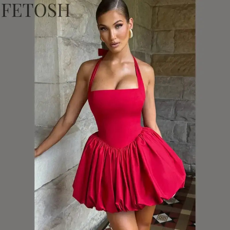 Sexy Lace-up Backless Pleated Halter Mini Dress Women Fashion Off Shoulder Puff Hem A-line Dresses 2025 Summer Lady Partywear