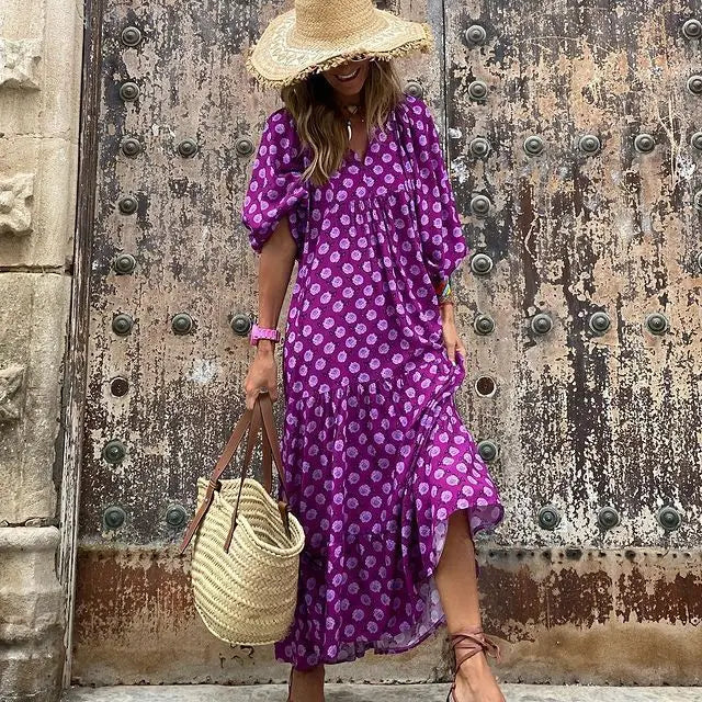 Women Puff Sleeve Boho Maxi Dress Vintage Elegant Fashion Casual Print Floral V-Neck Loose Ladies Holiday Beach Party Vestidos