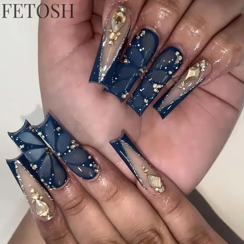 24Pcs 3D Long Ballet False Nails White Coffin Wave with French Design Wearable Fake Nails Gold Line Full Cover Press on Nails