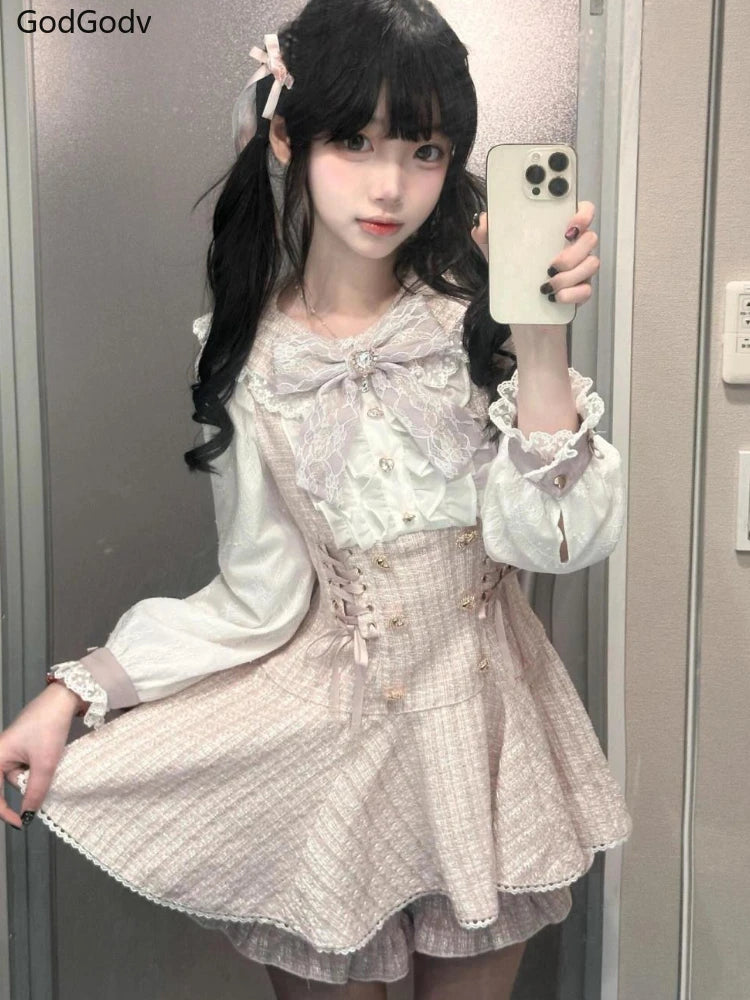 2025 Japanese Sweet Lolita Kawaii Dress Women Spring Printed Bow Fake Two Piece Dress Female Korea Style Design Party Clothing