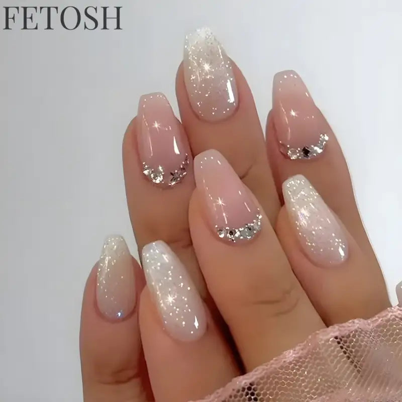 24Pcs Medium Short Square False Nails Glittering Nail Art White Wearable Fake Nail Silver French Full Cover Press on Nail Tips
