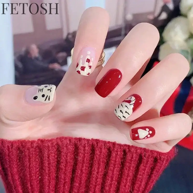 24pcs Short Cute False Nails Polka Dot Star Design Fake Nails Full Coverage Waterproof Removable Artificial Press on Nails