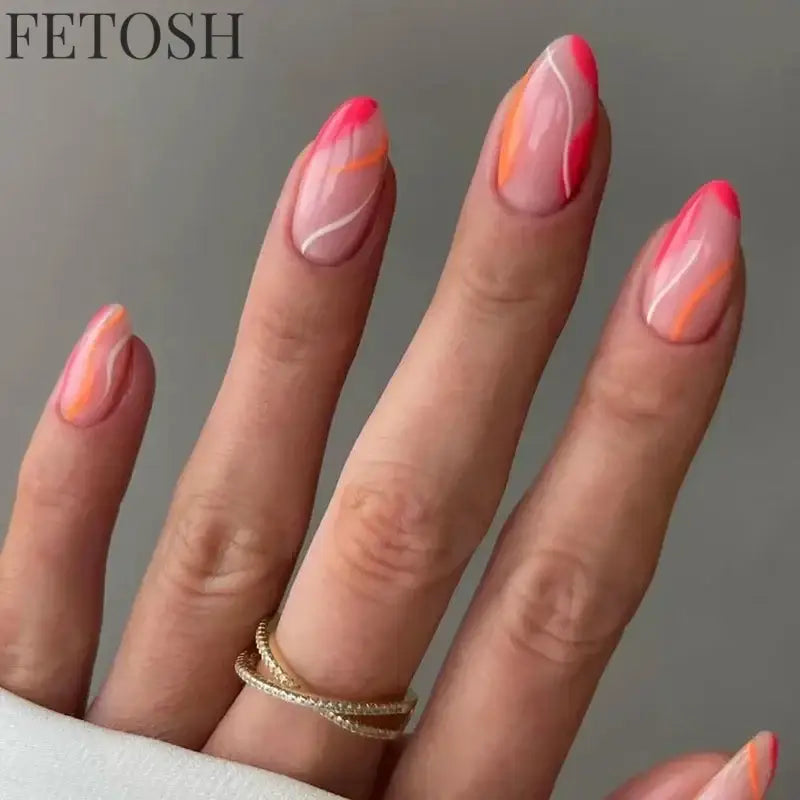 24Pcs Simple Green French False Nails Short Almond Fake Nails with Wave Line Design Wearable Round Head Press on Nail Tips
