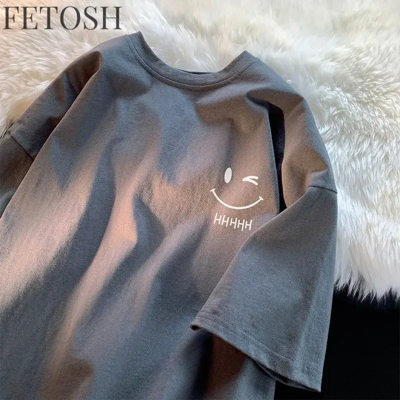 Men Women's Smiling Face Funny Fashion Couple Short Sleeved T-shirt American Basic Simple Oversized Loose Boys' Pullover Top