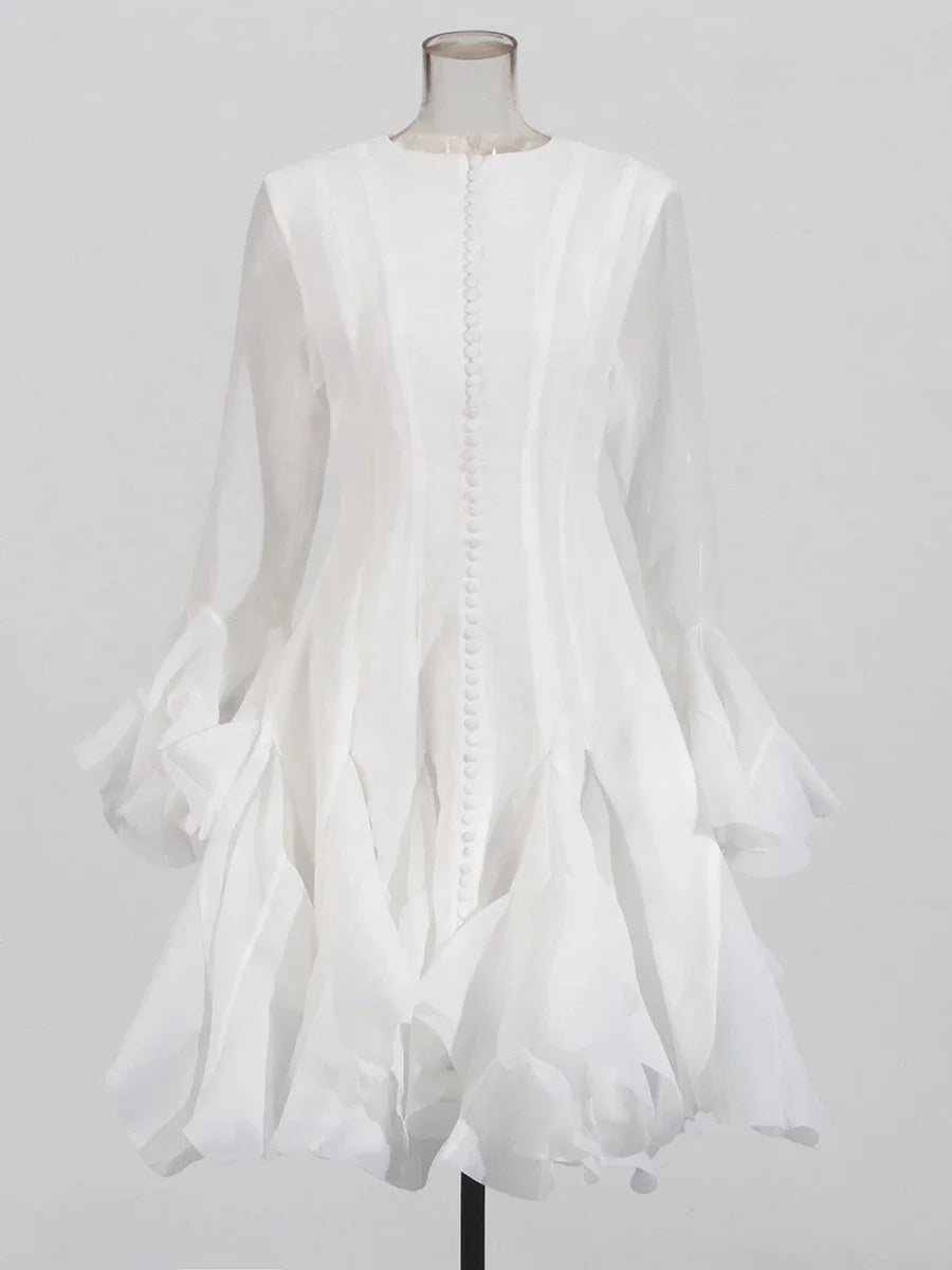 VGH Sweet Ruffles Elegant Knee Length Dresses for Women Round Neck Flare Sleeve High Waist Spliced Button A Line Dress Female