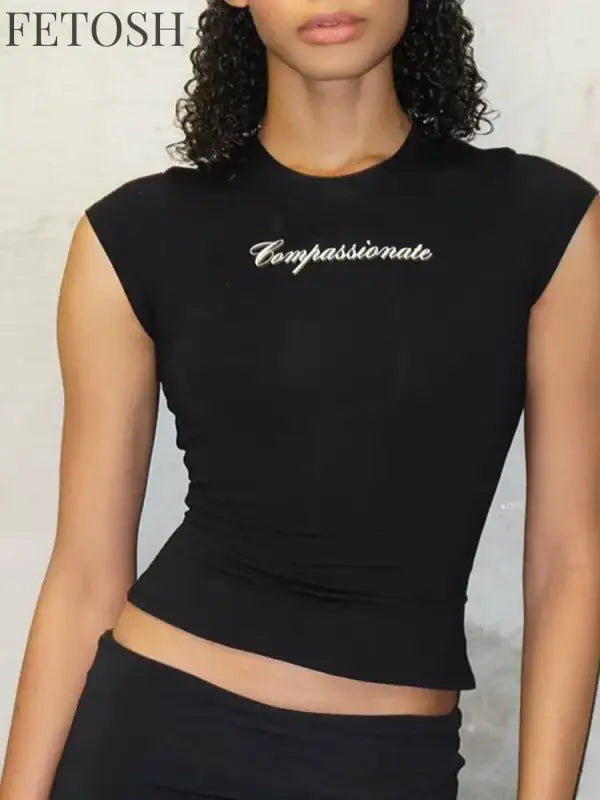 Y2k Streetwear Crop Tops Letter Print Black Tees Short Sleeve Graphics T Shirt Womens 2023