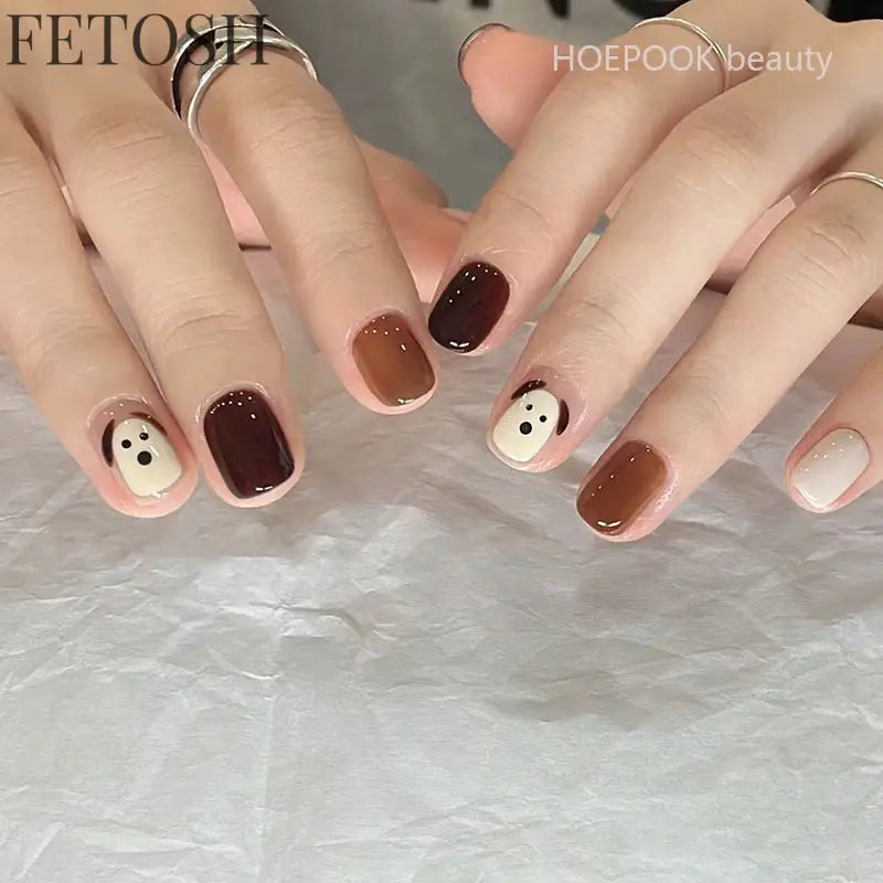 24pcs Short Cute False Nails Polka Dot Star Design Fake Nails Full Coverage Waterproof Removable Artificial Press on Nails
