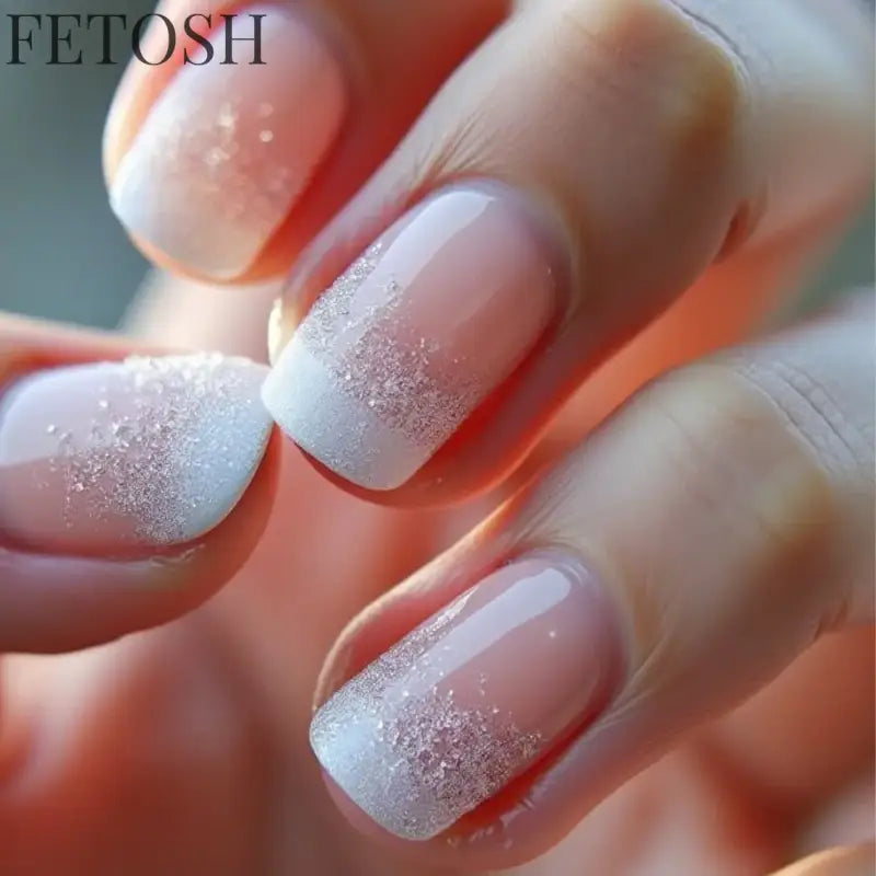 24Pcs Medium Short Square False Nails Glittering Nail Art White Wearable Fake Nail Silver French Full Cover Press on Nail Tips