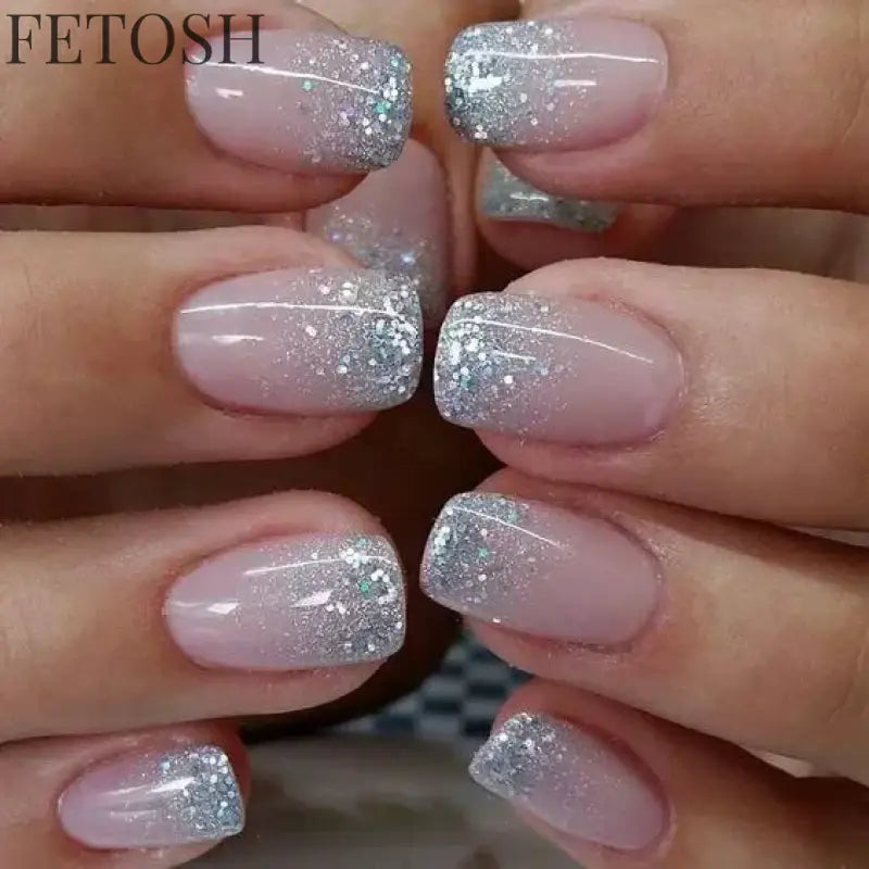 24Pcs Medium Short Square False Nails Glittering Nail Art White Wearable Fake Nail Silver French Full Cover Press on Nail Tips