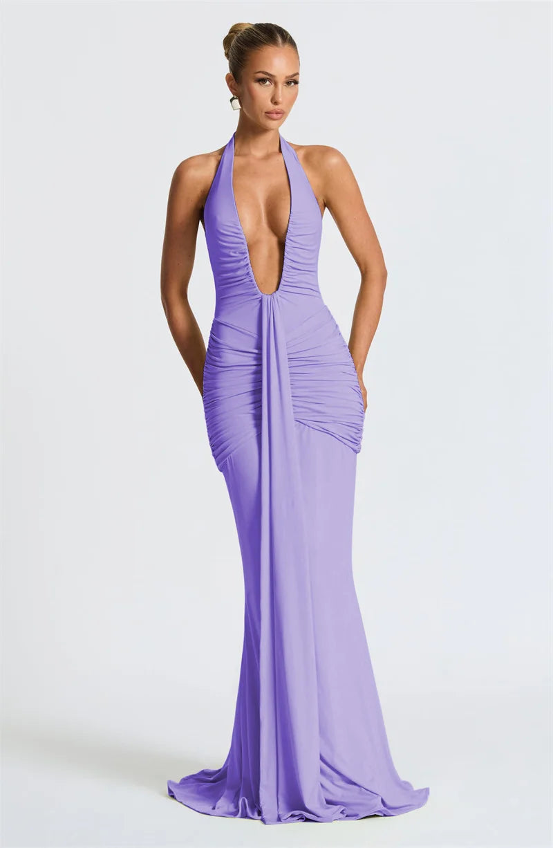 Mozision Deep V Neck Backless Ruched Sexy Maxi Dress Women Gown Summer Halter Sleeveless Draped Club Party Long Dress 2025