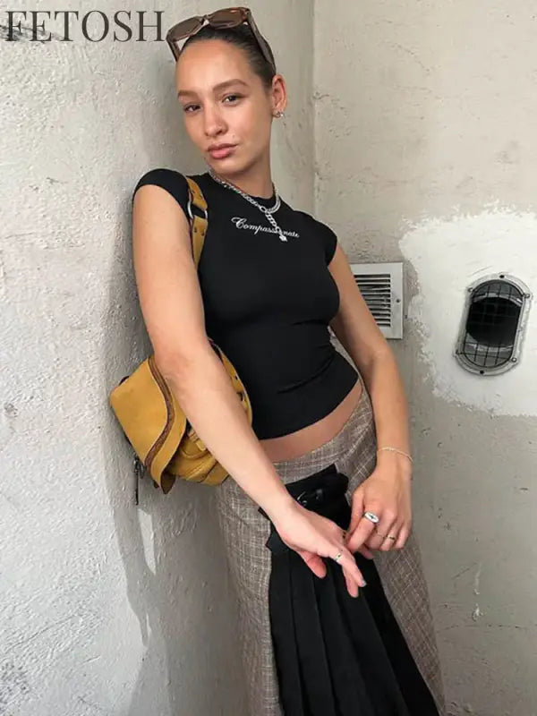 Y2k Streetwear Crop Tops Letter Print Black Tees Short Sleeve Graphics T Shirt Womens 2023