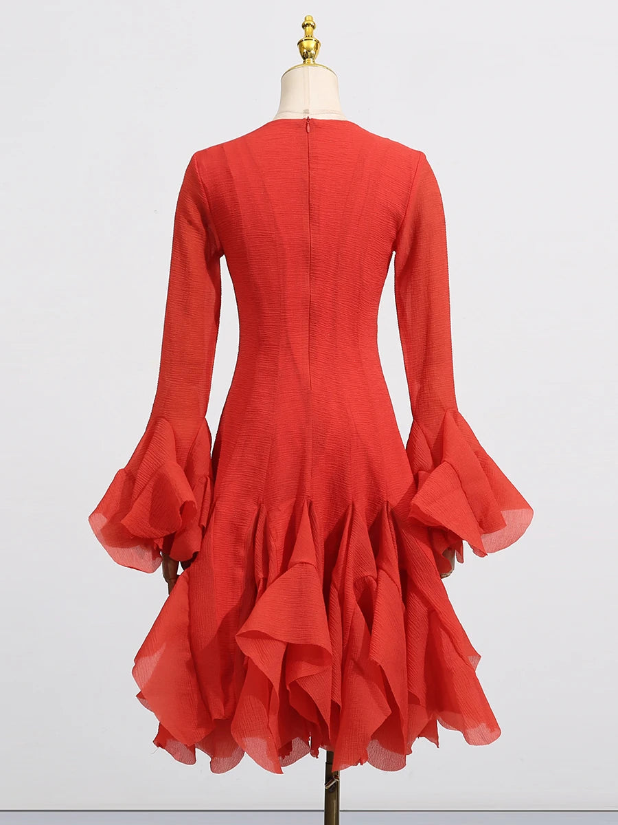 VGH Sweet Ruffles Elegant Knee Length Dresses for Women Round Neck Flare Sleeve High Waist Spliced Button A Line Dress Female