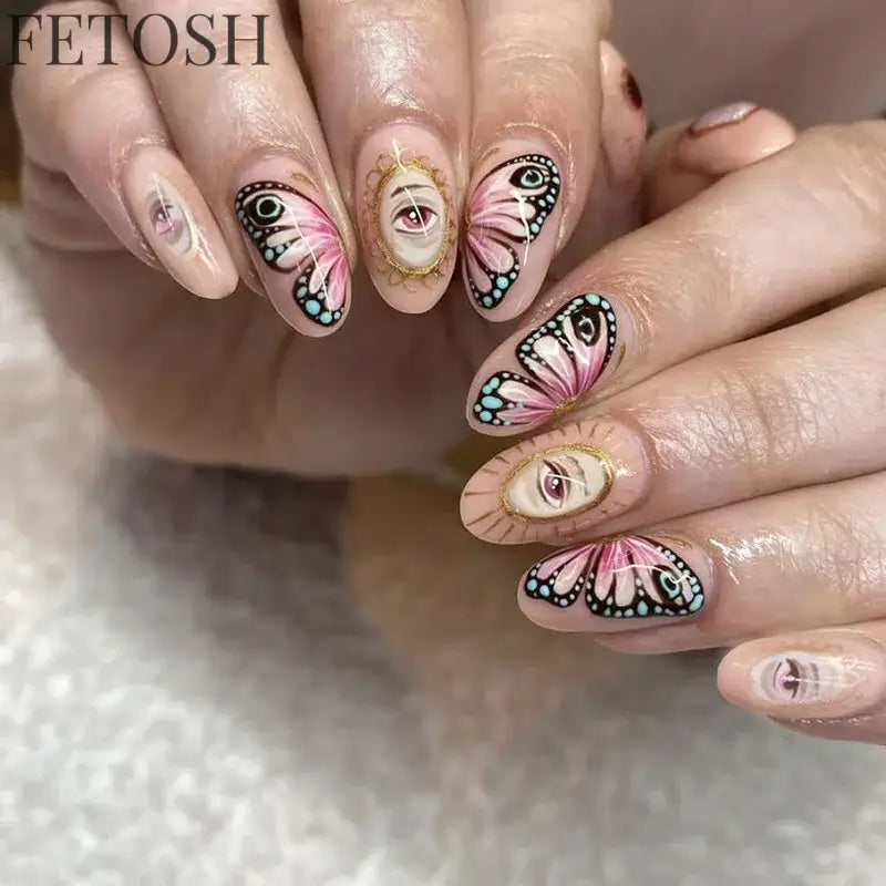 24Pcs Simple Green French False Nails Short Almond Fake Nails with Wave Line Design Wearable Round Head Press on Nail Tips