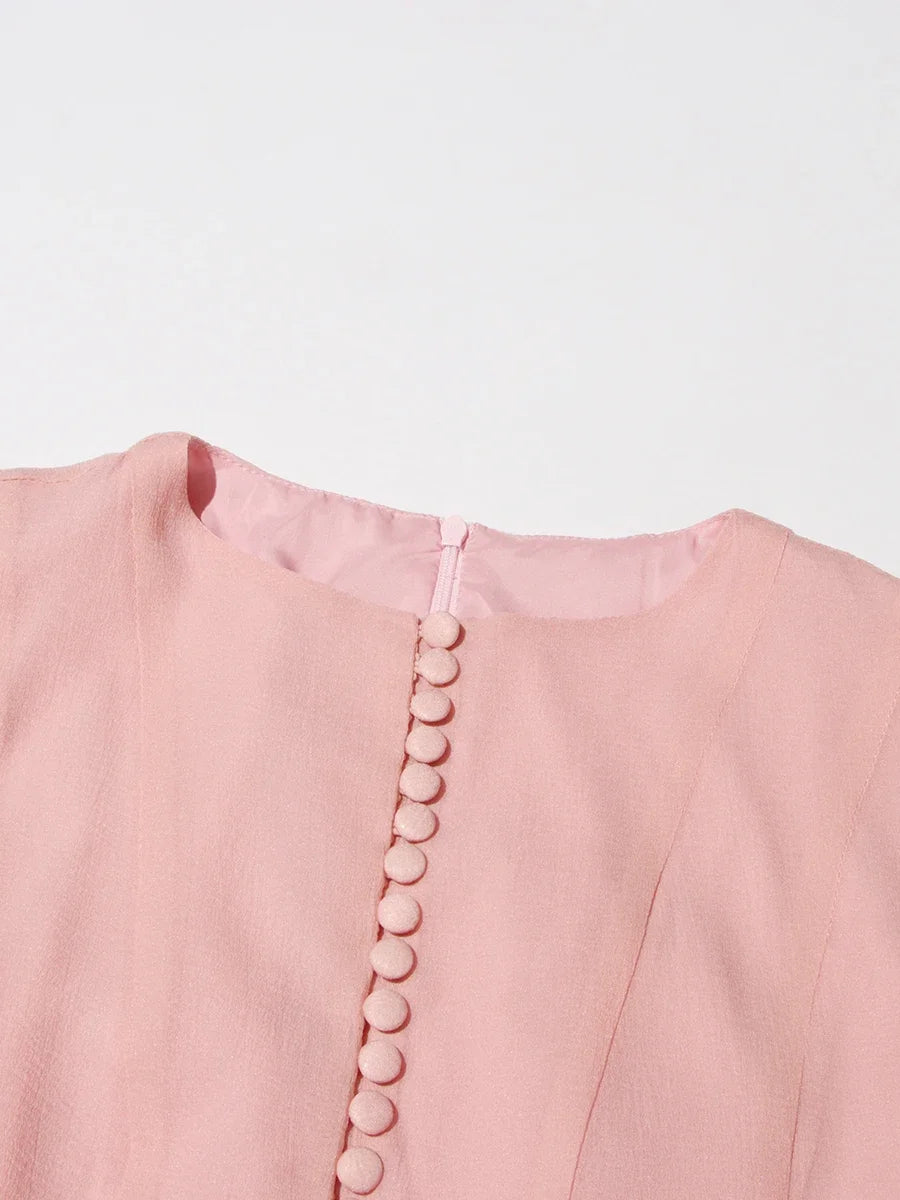 VGH Sweet Ruffles Elegant Knee Length Dresses for Women Round Neck Flare Sleeve High Waist Spliced Button A Line Dress Female