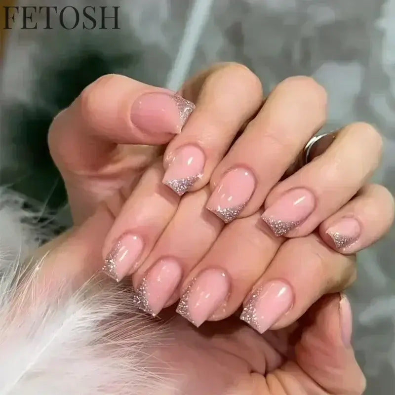24Pcs Medium Short Square False Nails Glittering Nail Art White Wearable Fake Nail Silver French Full Cover Press on Nail Tips