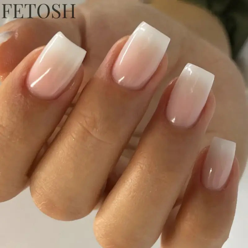 24Pcs Shiny Pearl Wearable False Nails Short Square Fake Nail Simple Summer Press on Nails Detachable Full Cover Nail Tips