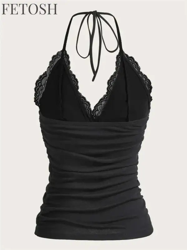 Lace V-neck Halter Top Women Summer Sexy Grunge Punk Goth Backless Ruched Crop Top Cami Top Streetwear Y2K Clothes 2024