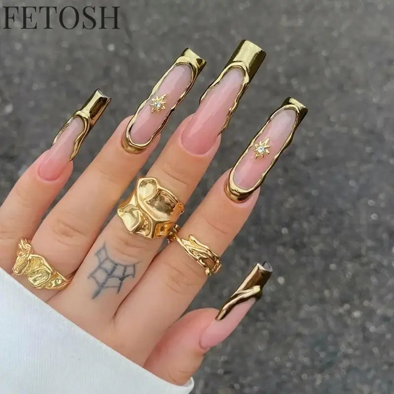 24Pcs 3D Long Ballet False Nails White Coffin Wave with French Design Wearable Fake Nails Gold Line Full Cover Press on Nails