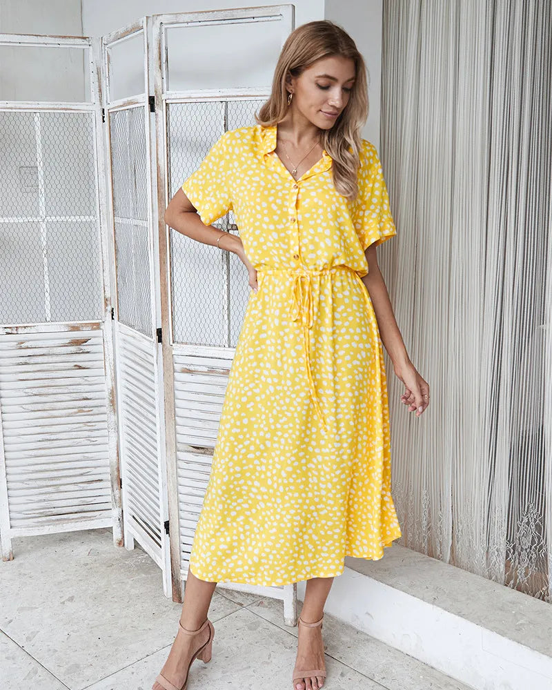 Vintage Floral Print Dress Women Boho Short Sleeve Long Dress Turn Down Collar Casual Waistband Shirt Dresses Robe 2021 Summer