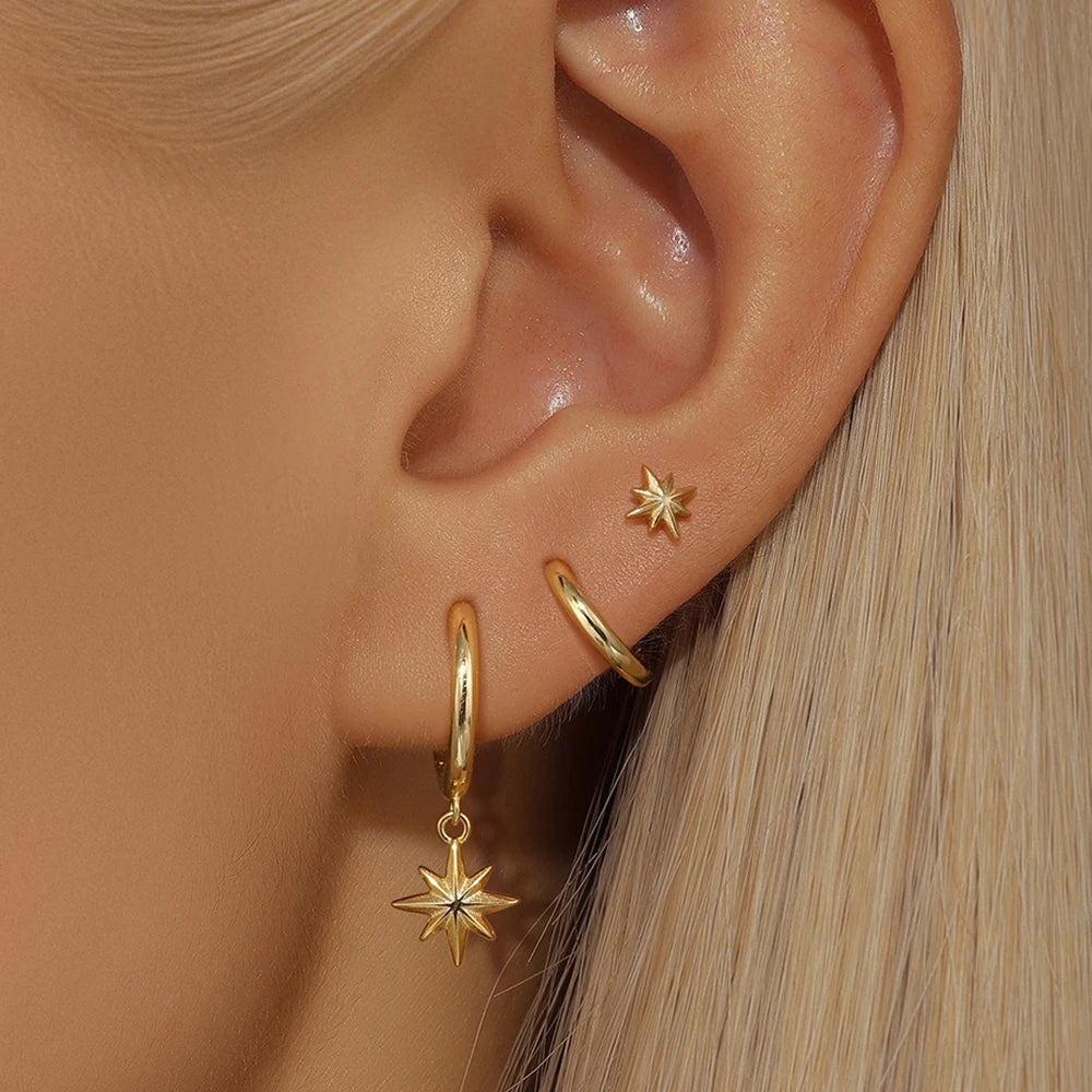 3 Piece Fashion Stainless Steel Round Star Drop Earrings Set for Women 18K Gold Plated Dangle Earring Punk Unisex Rock Jewelry