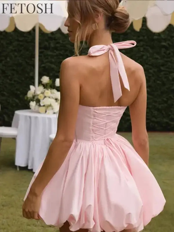 Sexy Lace-up Backless Pleated Halter Mini Dress Women Fashion Off Shoulder Puff Hem A-line Dresses 2025 Summer Lady Partywear