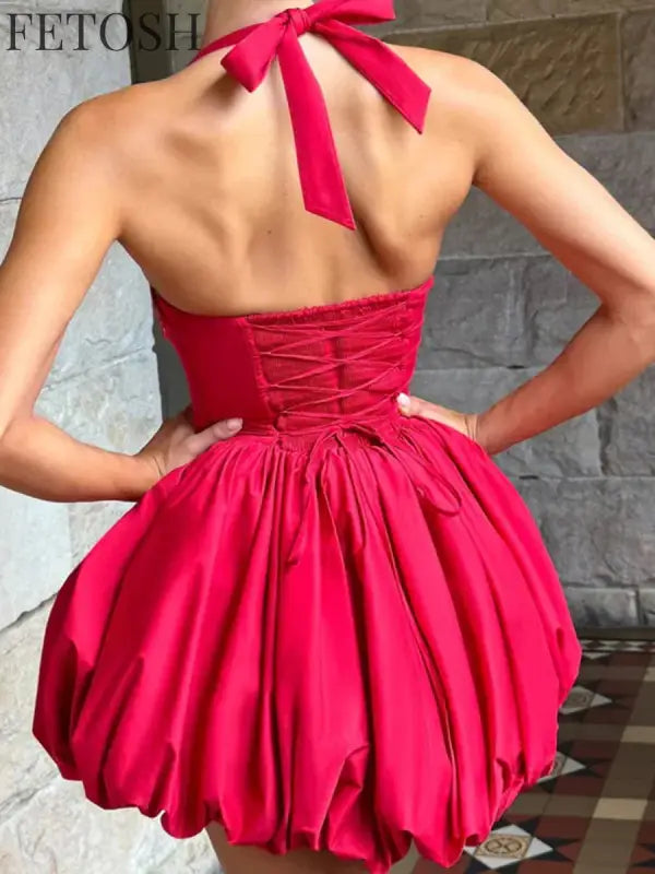 VGH Sexy Temperament Tunic Ball Gown for Women Halter Sleeveless Patchwork Lace Up Short Prom Dresses Female Clothing Fashion
