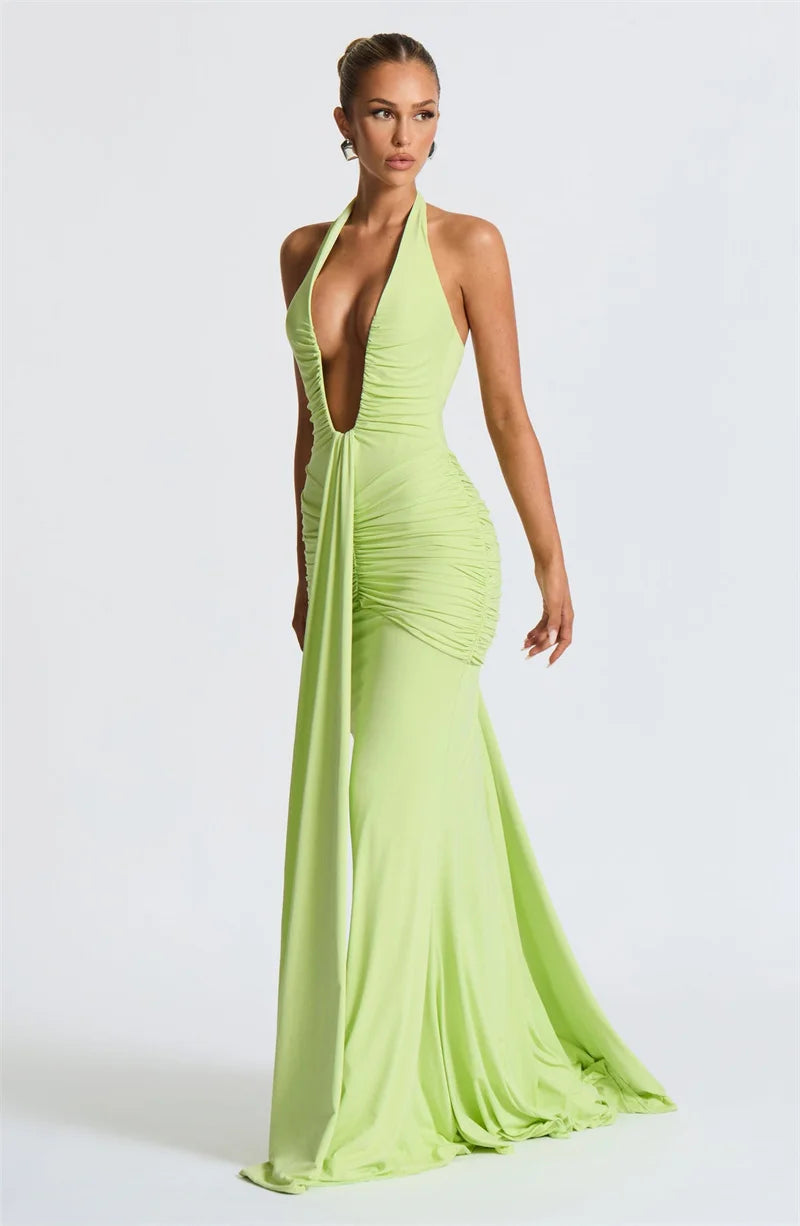 Mozision Deep V Neck Backless Ruched Sexy Maxi Dress Women Gown Summer Halter Sleeveless Draped Club Party Long Dress 2025