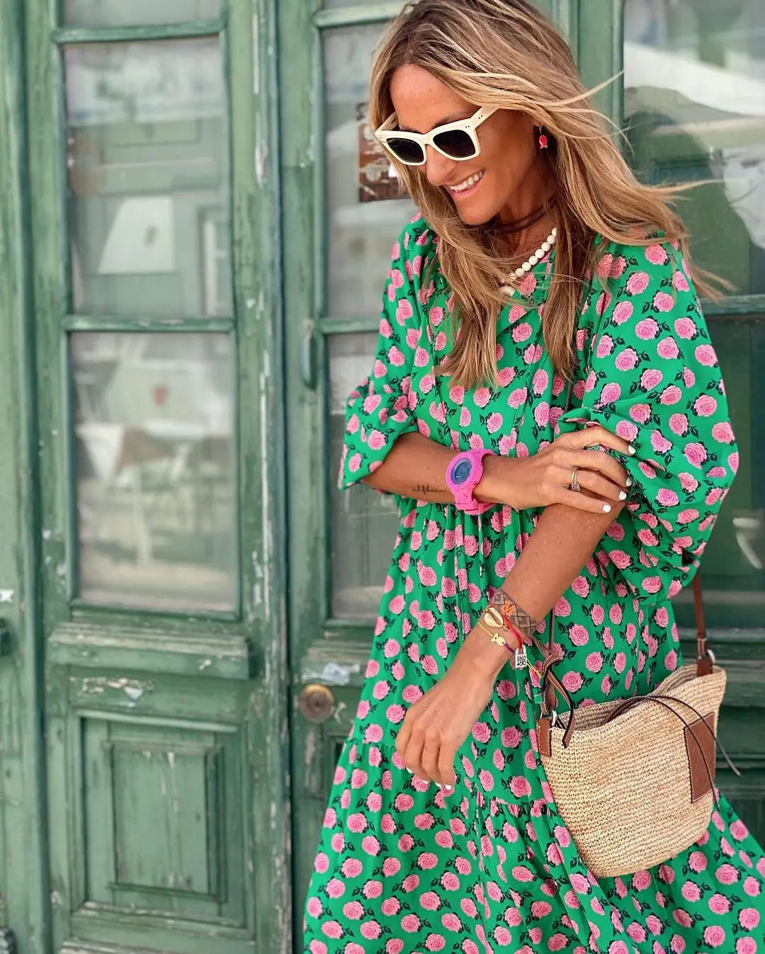 Women Puff Sleeve Boho Maxi Dress Vintage Elegant Fashion Casual Print Floral V-Neck Loose Ladies Holiday Beach Party Vestidos